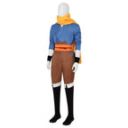 Three-quarter view of the Yuru costume showing the gathered blue sleeves, yellow scarf and burgundy waist cord