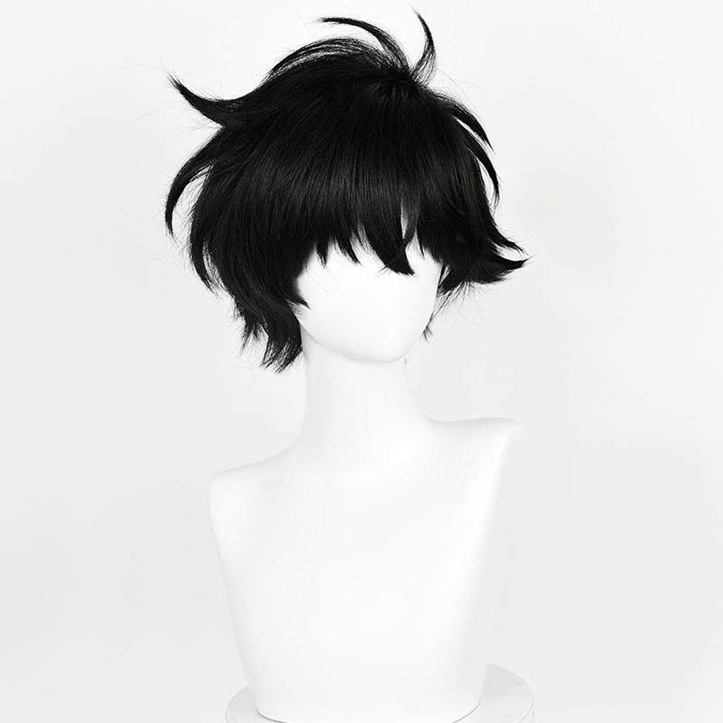 Angled view of the Kid the Phantom Thief wig showing sweeping black crown strands and a pointed fringe