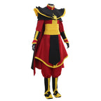 Three-quarter view of the Zuko costume showing the flame-shaped chest motif and black front panel