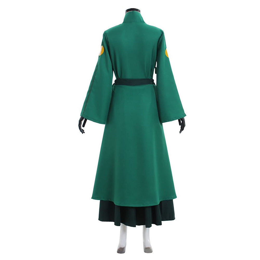 Back view of the Suki green robe without armor-style panels, showing wide sleeves and a dark waist belt