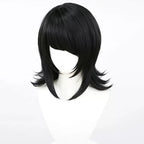 Angled view of the Mukuro Ikusaba black wig showing the rounded crown and layered strands curving around the face