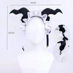 Crimson Priestess horned headpiece with white ruffles and black ribbons, shown with 40 cm by 35 cm measurement labels