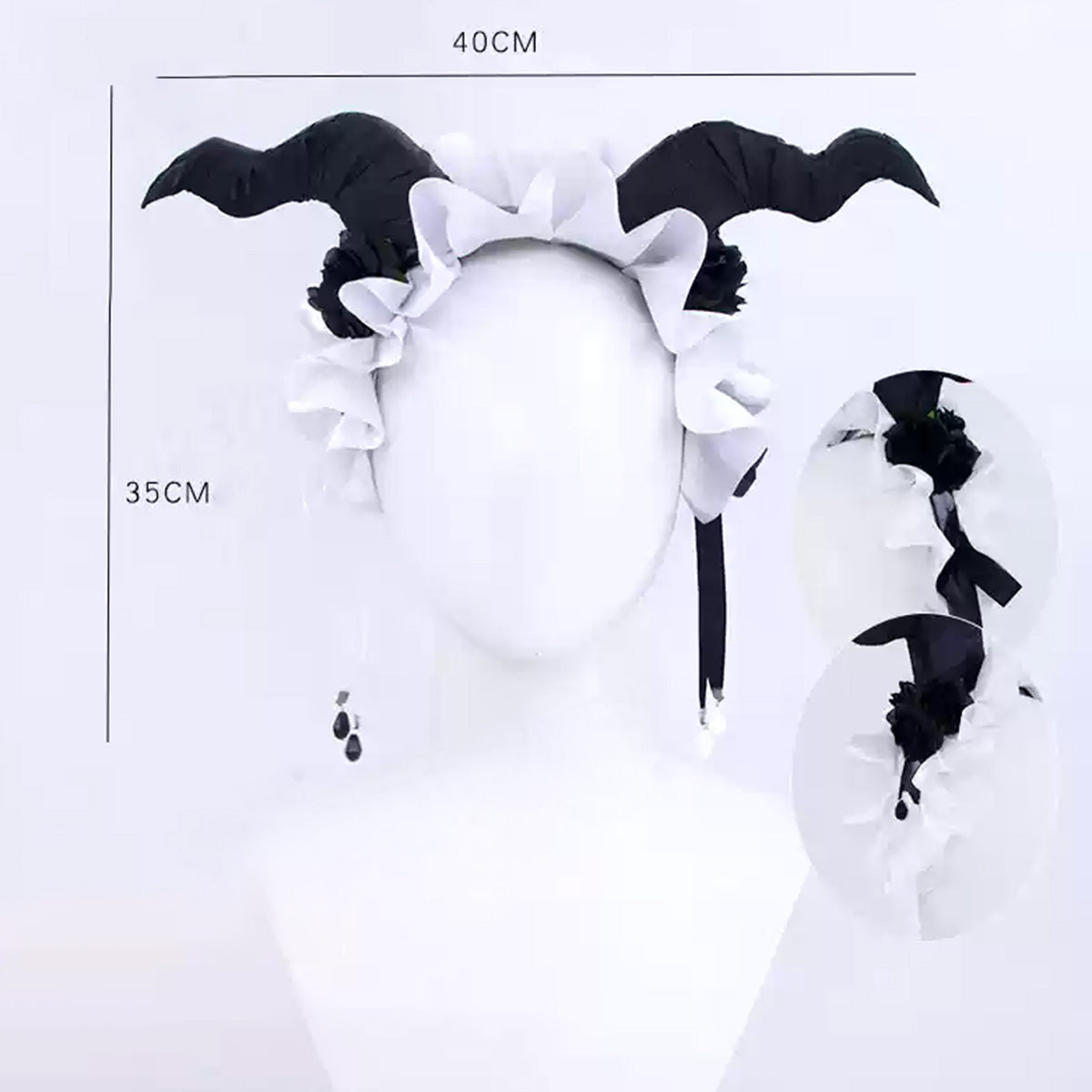 Crimson Priestess horned headpiece with white ruffles and black ribbons, shown with 40 cm by 35 cm measurement labels