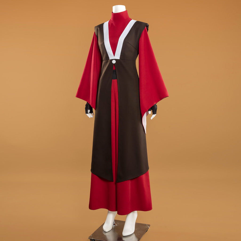 Three-quarter view of the Mai costume showing the long split outer layer over red wide-leg trousers