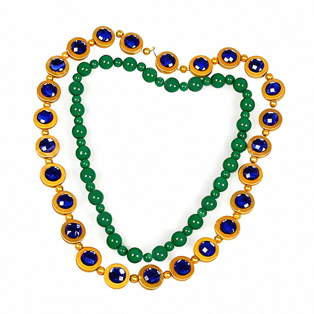 Blackbeard cosplay necklaces laid flat, showing round green beads and faceted blue accents in gold-colored frames