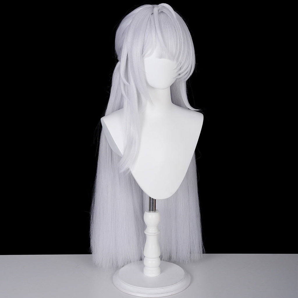 Opposite front view of the Velina Airgid wig showing white bangs, a raised crown strand and long side sections