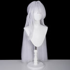 Opposite front view of the Velina Airgid wig showing white bangs, a raised crown strand and long side sections