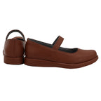 Side and rear view of the Ty Lee brown strap shoes showing the low heels and center heel seams