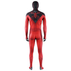 Full back view of Scarlet Spider II suit showing a red spider emblem on a black upper-back panel