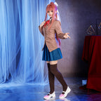 Three-quarter model view of the Doki Doki Literature Club uniform showing the fitted brown blazer and red neck ribbon