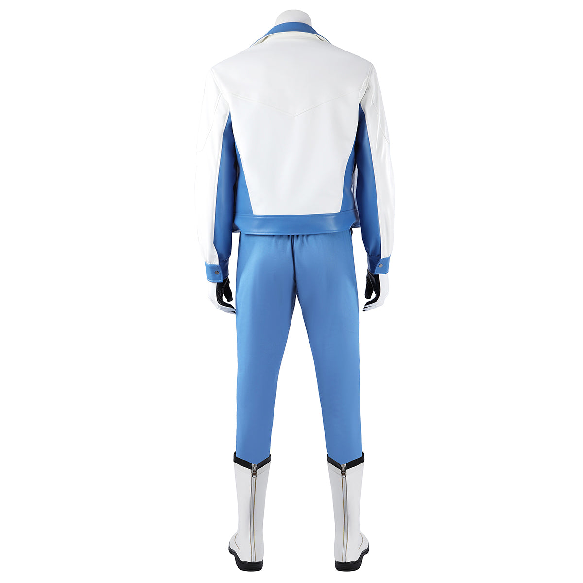 Back view of the Mister Fantastic white-and-blue jacket and blue trousers displayed with white boots