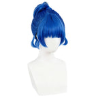 Three-quarter view of the D.Va blue cosplay wig showing the raised top and curved face-framing sections