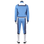 Back view of the Human Torch blue jacket and trousers displayed with white boots