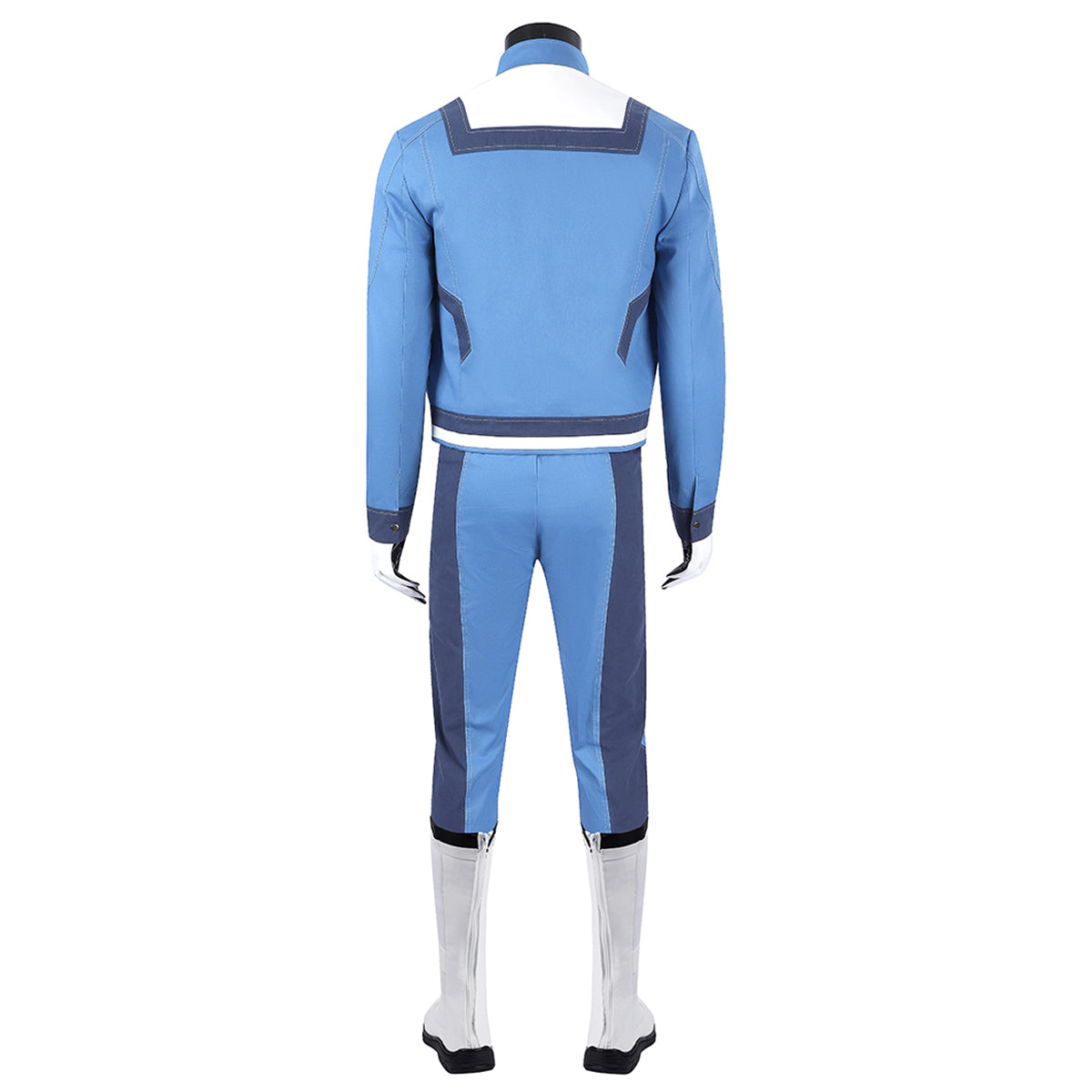 Back view of the Human Torch blue jacket and trousers displayed with white boots