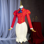 Three-quarter view of the Grace Auvergne red jacket and cream skirt showing puffed shoulders and a blue neck scarf