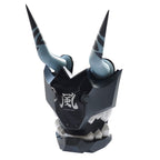 Three-quarter view of the Soukaku mask showing pale blue horns with black tips and large white fangs