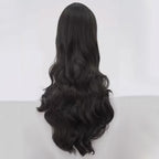 Back view of Shego black cosplay wig showing a smooth crown and long loose waves with curled ends