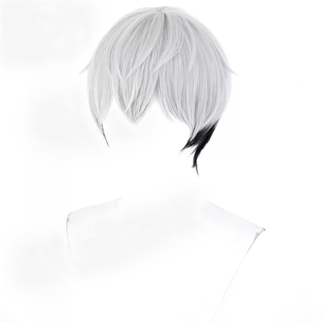 Three-quarter view of the Mizuki gray wig showing curved side layers and black hair at the nape