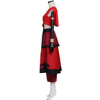 Side view of the Katara red costume showing the draped shoulder and black curved skirt motif