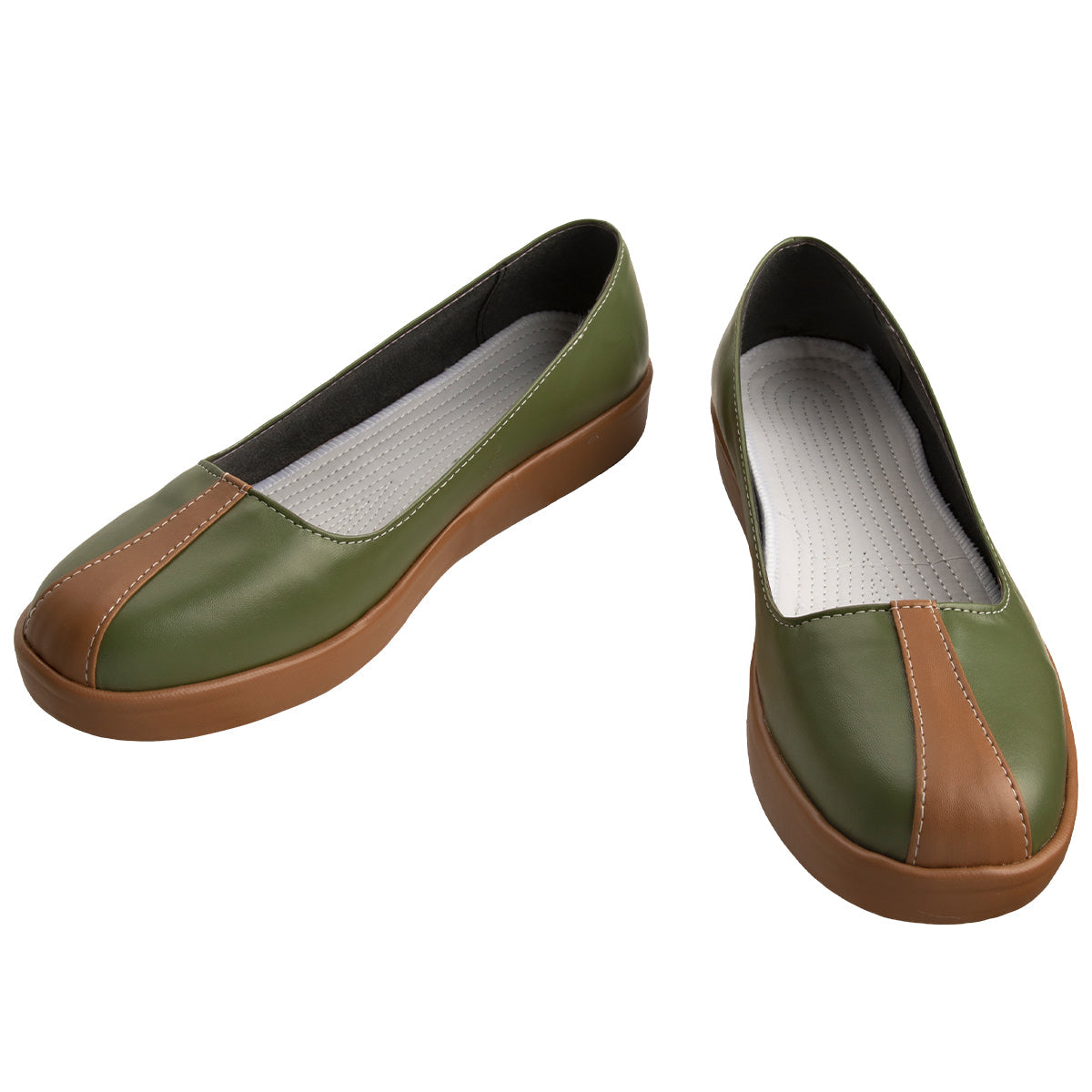 Angled view of the Iroh green cosplay shoes showing the brown toe stripes and low brown soles