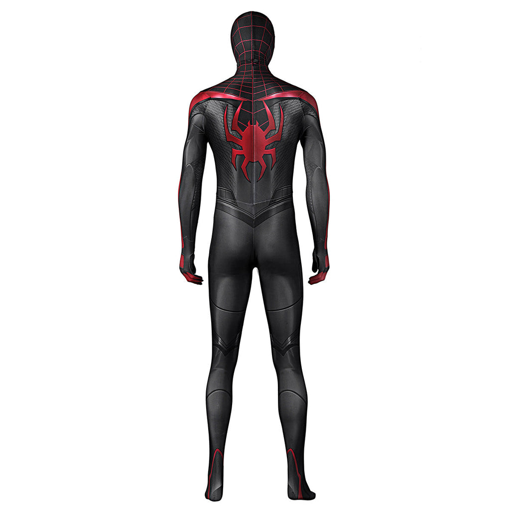 Back view of the Spider-Man 2 Miles Morales suit showing the large red spider emblem