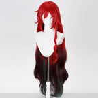 Three-quarter view of the Himeko Nova red wig showing the spiral front curl and wavy lower lengths