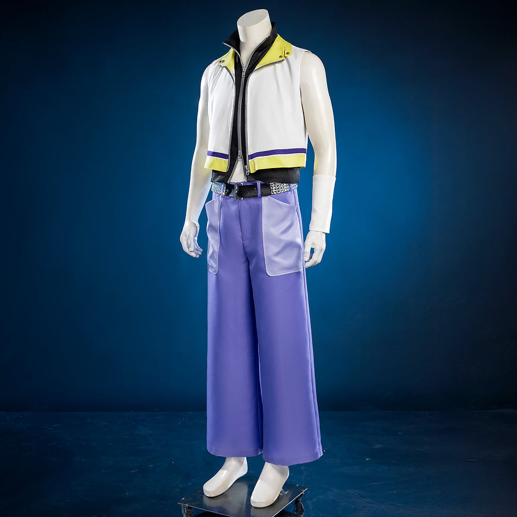 Three-quarter view of Kingdom Hearts 2 Riku costume showing the cropped white vest and wide purple trouser legs