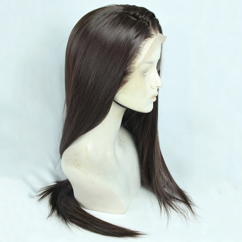 Side view of the Hyuna long brown wig showing the lace edge at the temple and smooth lengths