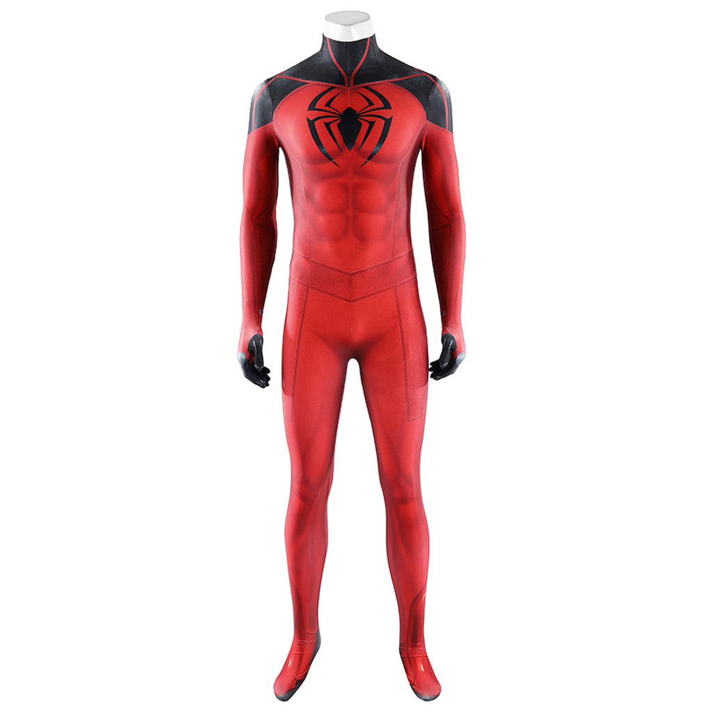 Front view of Scarlet Spider II red-and-black jumpsuit on a mannequin without the mask