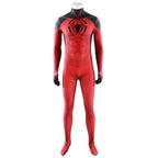 Front view of Scarlet Spider II red-and-black jumpsuit on a mannequin without the mask