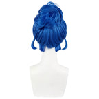 Back view of the Fearless D.Va blue wig showing swept-up hair, a loose top bun and short nape strands