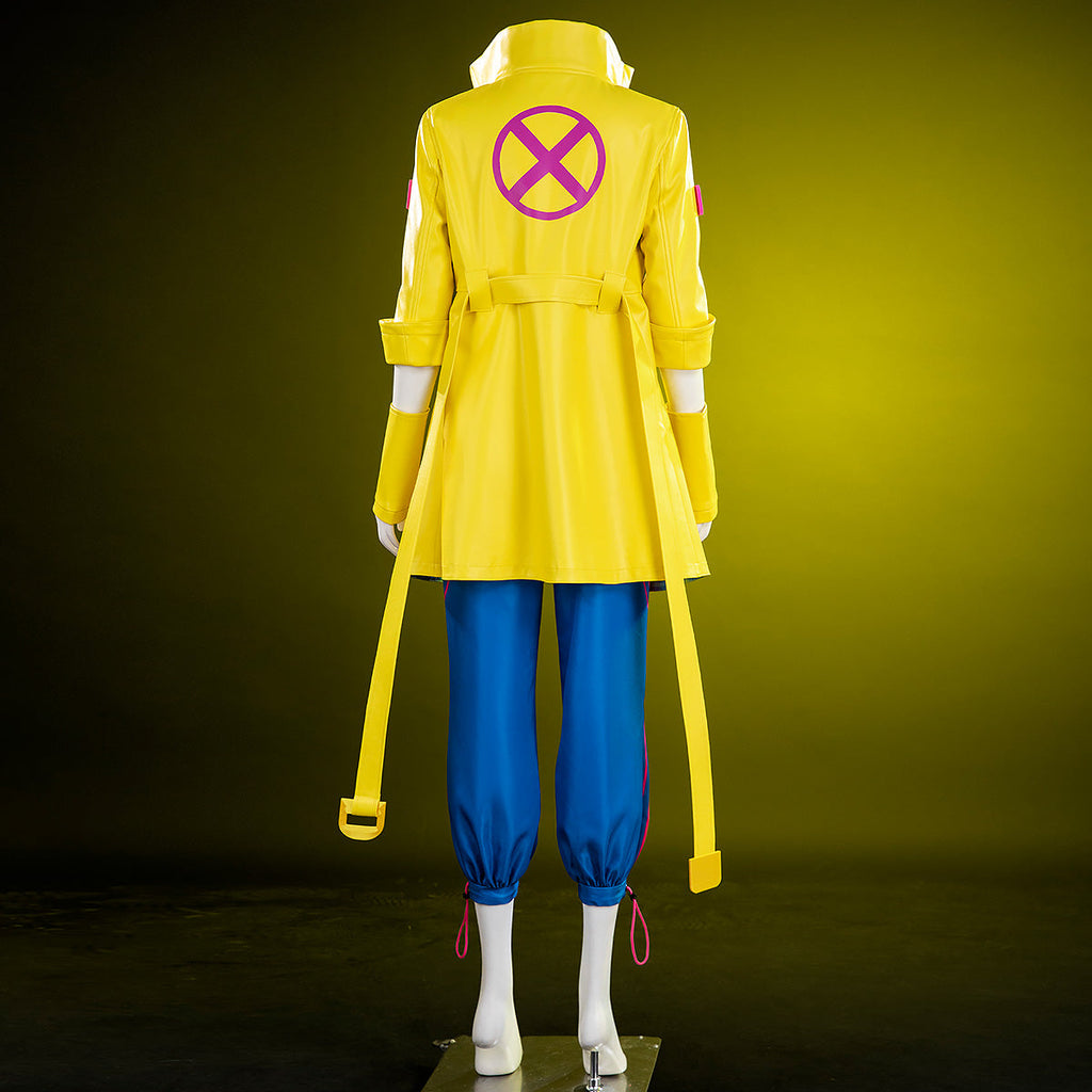 Back view of the Jubilee yellow coat with a large pink X emblem and a belt across the waist