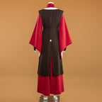 Back view of the Mai costume showing the dark outer layer, white neckline trim and red sleeves