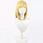 Opposite angled view of the Ayaka Sajyou golden bob wig showing the parted fringe and longer front strands