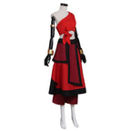 Angled front view of the Katara red costume showing the tied crop top and overlapping skirt panels