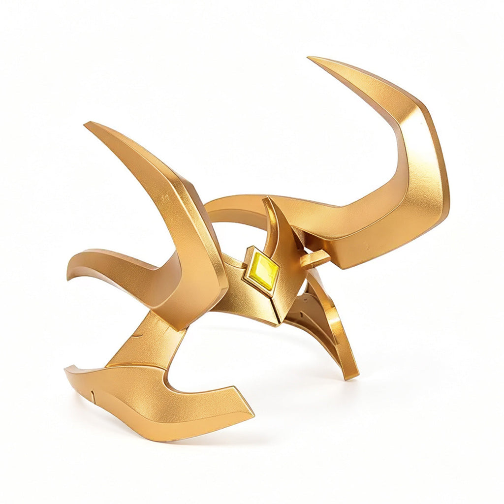 Three-quarter front view of the Marvel Rivals Loki headpiece showing the pointed forehead panel and horn shapes