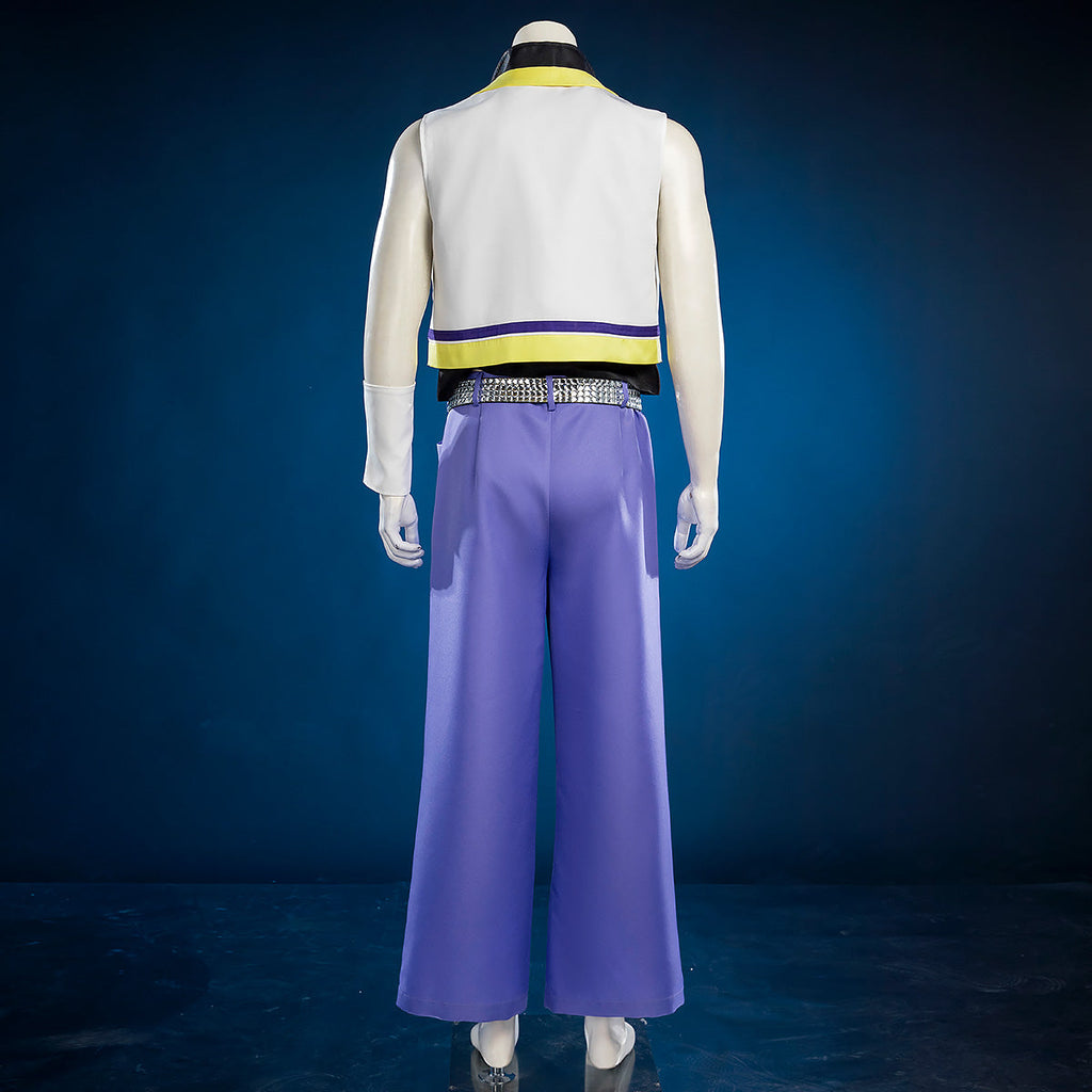 Back view of Riku cosplay costume showing yellow and purple vest trim, decorated belt and purple trousers
