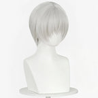 Opposite angled view of the Zero Kiryu wig with silver-white bangs and rounded layered crown