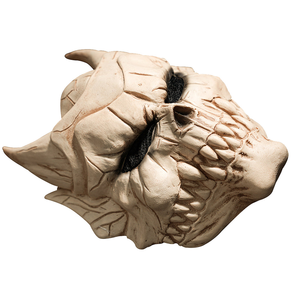 Kafka Hibino horned skull cosplay mask shown at a tilted angle to reveal the brow, teeth and jaw contours