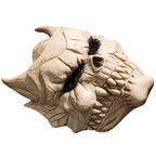 Kafka Hibino horned skull cosplay mask shown at a tilted angle to reveal the brow, teeth and jaw contours