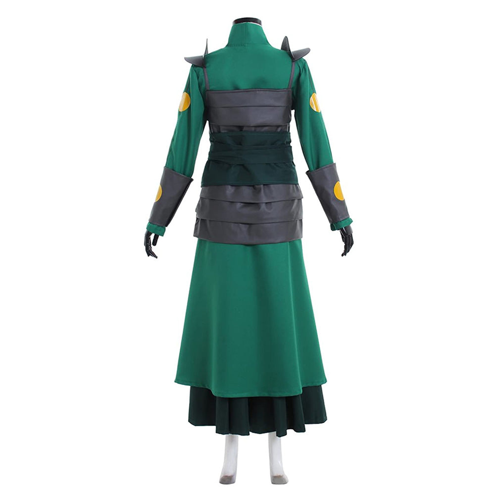 Back view of the Suki costume with dark segmented panels, shoulder guards and yellow circular sleeve details