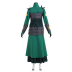 Back view of the Suki costume with dark segmented panels, shoulder guards and yellow circular sleeve details