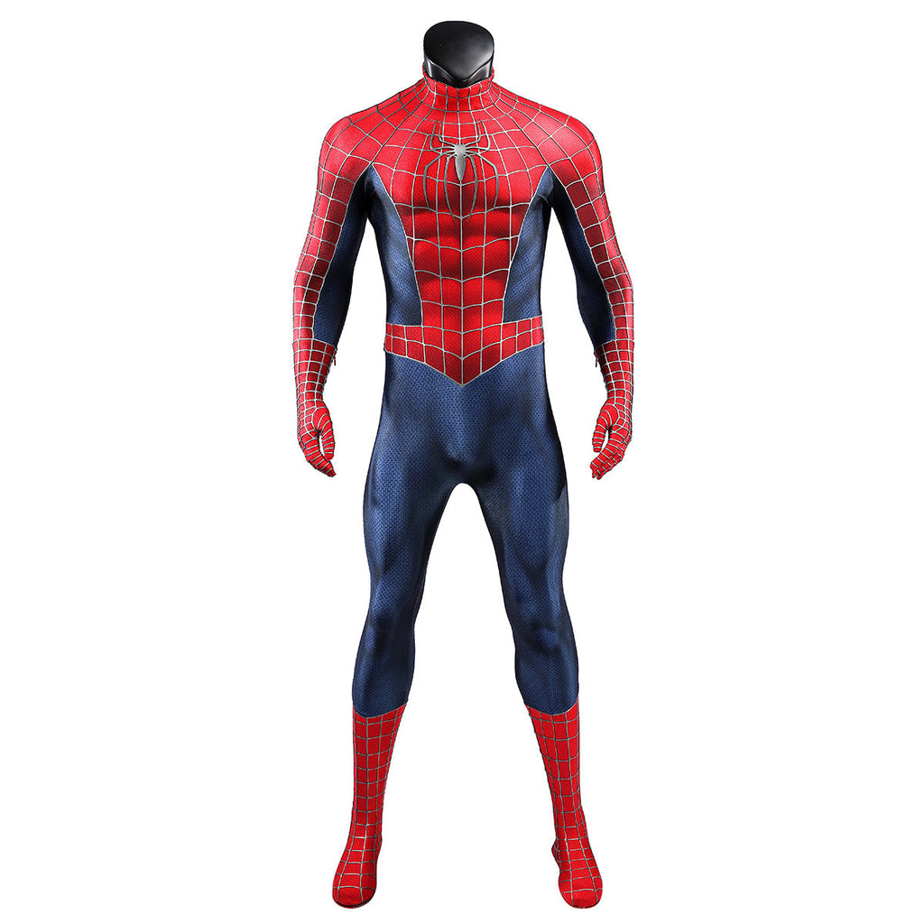Front view of the Tobey Maguire Spider-Man costume displayed without the mask