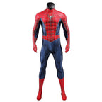 Front view of the Tobey Maguire Spider-Man costume displayed without the mask