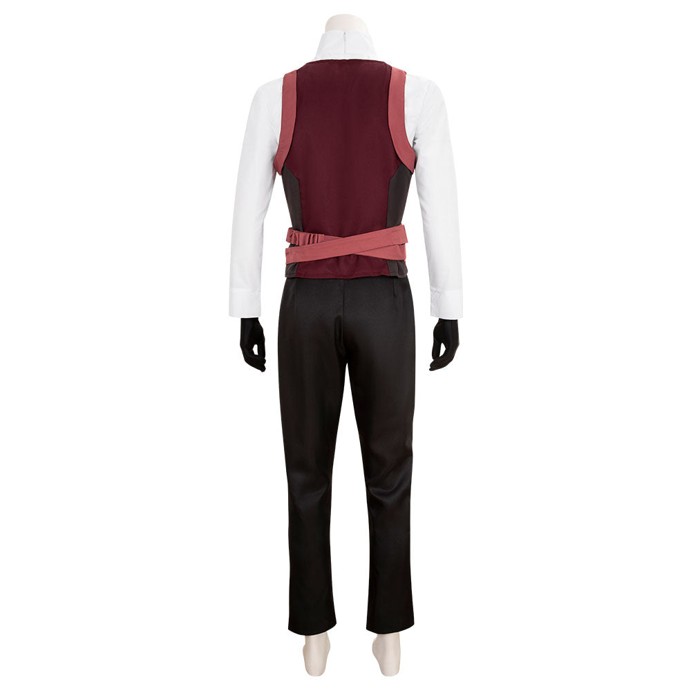 Back view of the Falco costume showing the burgundy vest, shoulder straps and crossed pink waist straps