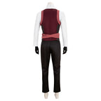 Back view of the Falco costume showing the burgundy vest, shoulder straps and crossed pink waist straps