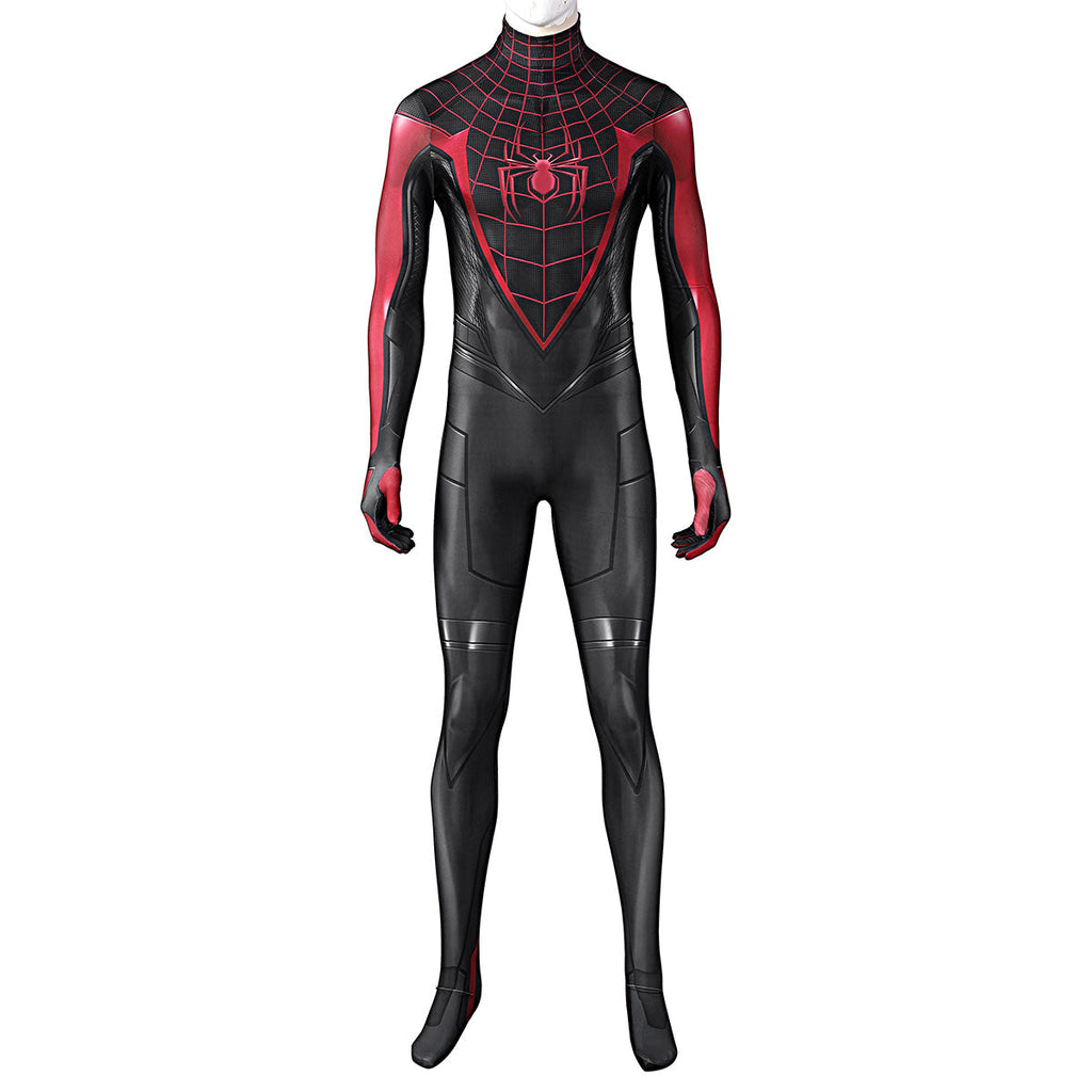 Front view of the Miles Morales black and red jumpsuit displayed without its mask
