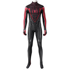 Front view of the Miles Morales black and red jumpsuit displayed without its mask