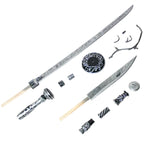 Lady Maria cosplay prop shown disassembled with long and short blades, handle sections and guard pieces