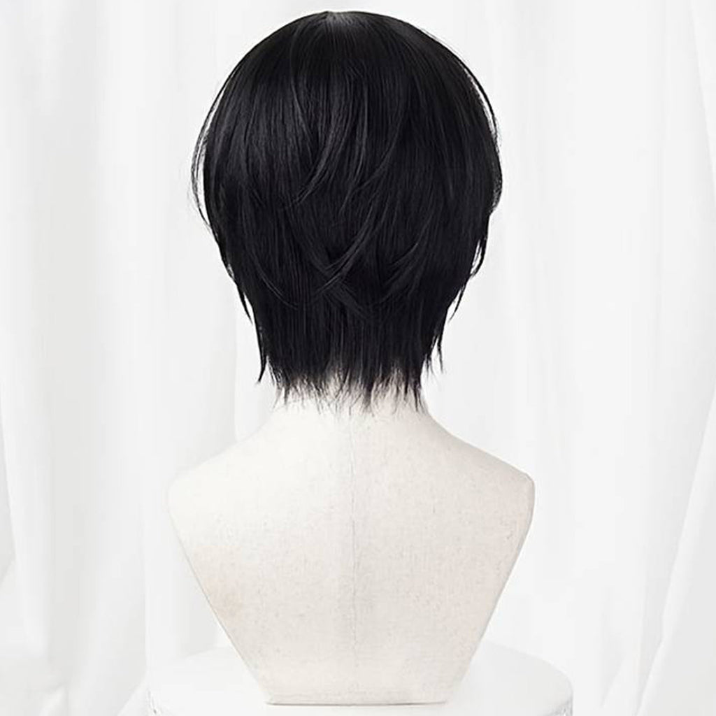 Back view of Sojiro Seta black wig showing short layered hair and wispy tapered ends at the nape